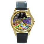 Nature Moon Psychedelic Painting Round Gold Metal Watch Front