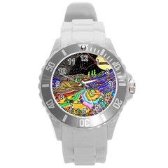 Nature Moon Psychedelic Painting Round Plastic Sport Watch (l) by Sarkoni