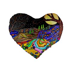 Nature Moon Psychedelic Painting Standard 16  Premium Flano Heart Shape Cushions by Sarkoni