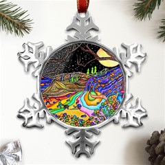 Nature Moon Psychedelic Painting Metal Small Snowflake Ornament by Sarkoni