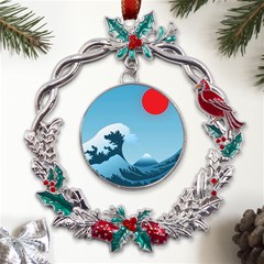 Minimalism Great Wave Off Kanagawa Metal X mas Wreath Holly Leaf Ornament by Sarkoni