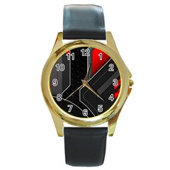 Gamer Tech Black Mesh Red Modern Shape Texture Geometric Pattern Round Gold Metal Watch by Sarkoni