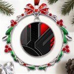 Gamer Tech Black Mesh Red Modern Shape Texture Geometric Pattern Metal X mas Wreath Ribbon Ornament Front