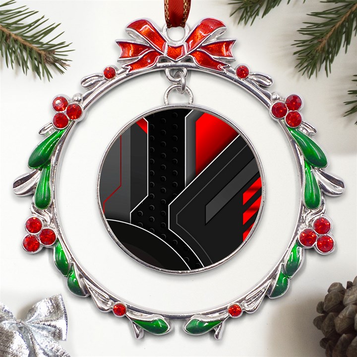 Gamer Tech Black Mesh Red Modern Shape Texture Geometric Pattern Metal X mas Wreath Ribbon Ornament