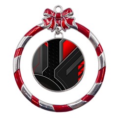 Gamer Tech Black Mesh Red Modern Shape Texture Geometric Pattern Metal Red Ribbon Round Ornament by Sarkoni