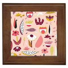 Scandinavian Flat Floral Background Coral Pink White Black Gold Pattern Framed Tile by Sarkoni