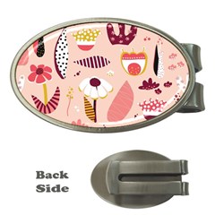 Scandinavian Flat Floral Background Coral Pink White Black Gold Pattern Money Clips (oval)  by Sarkoni