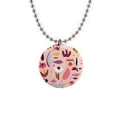 Scandinavian Flat Floral Background Coral Pink White Black Gold Pattern 1  Button Necklace by Sarkoni