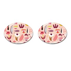 Scandinavian Flat Floral Background Coral Pink White Black Gold Pattern Cufflinks (oval) by Sarkoni