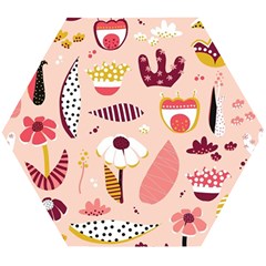 Scandinavian Flat Floral Background Coral Pink White Black Gold Pattern Wooden Puzzle Hexagon by Sarkoni