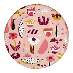 Scandinavian Flat Floral Background Coral Pink White Black Gold Pattern Round Glass Fridge Magnet (4 Pack) by Sarkoni