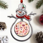 Scandinavian Flat Floral Background Coral Pink White Black Gold Pattern Metal Snowman Ornament Front