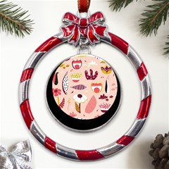 Scandinavian Flat Floral Background Coral Pink White Black Gold Pattern Metal Red Ribbon Round Ornament by Sarkoni