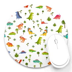 Baby Dino Seamless Pattern Round Mousepad by Sarkoni