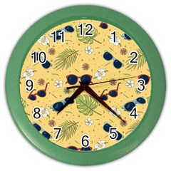 Seamless Pattern Of Sunglasses Tropical Leaves And Flowers Color Wall Clock by Sarkoni