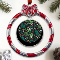 Pattern Forest Leaf Flower Motif Metal Red Ribbon Round Ornament by Sarkoni