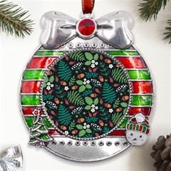 Pattern Forest Leaf Flower Motif Metal X mas Ribbon With Red Crystal Round Ornament by Sarkoni