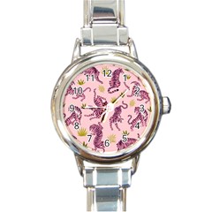 Pink Tigers And Tropical Leaves Patern Round Italian Charm Watch by Sarkoni