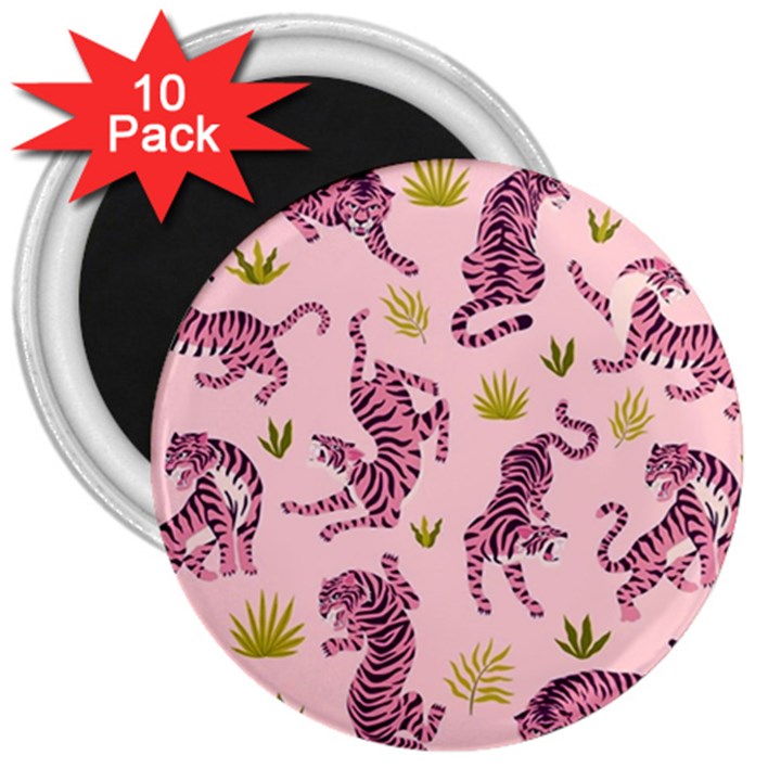 Pink Tigers And Tropical Leaves Patern 3  Magnets (10 pack) 