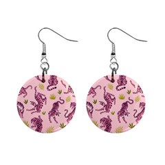 Pink Tigers And Tropical Leaves Patern Mini Button Earrings