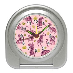 Pink Tigers And Tropical Leaves Patern Travel Alarm Clock by Sarkoni