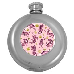 Pink Tigers And Tropical Leaves Patern Round Hip Flask (5 Oz) by Sarkoni