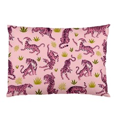 Pink Tigers And Tropical Leaves Patern Pillow Case by Sarkoni