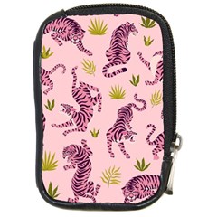 Pink Tigers And Tropical Leaves Patern Compact Camera Leather Case by Sarkoni