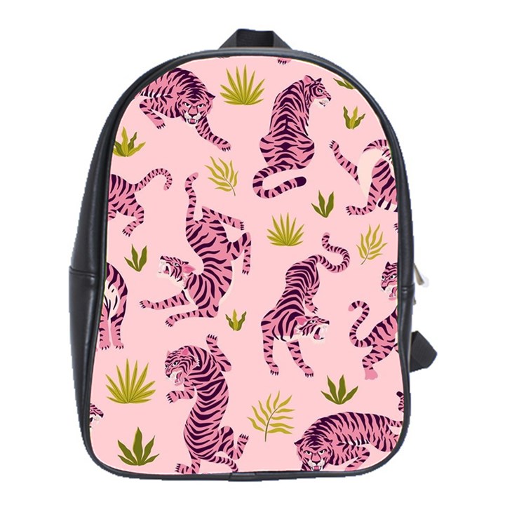 Pink Tigers And Tropical Leaves Patern School Bag (Large)