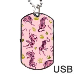 Pink Tigers And Tropical Leaves Patern Dog Tag Usb Flash (one Side) by Sarkoni