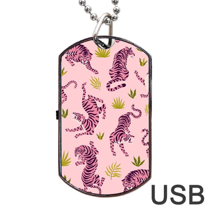 Pink Tigers And Tropical Leaves Patern Dog Tag USB Flash (One Side)