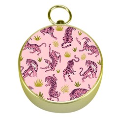 Pink Tigers And Tropical Leaves Patern Gold Compasses by Sarkoni