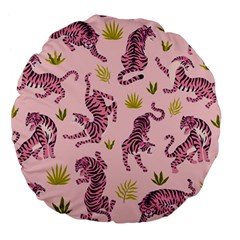 Pink Tigers And Tropical Leaves Patern Large 18  Premium Flano Round Cushions by Sarkoni