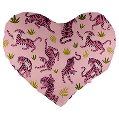 Pink Tigers And Tropical Leaves Patern Large 19  Premium Flano Heart Shape Cushions by Sarkoni