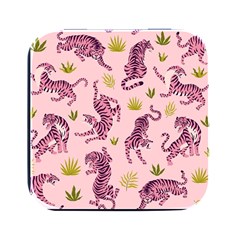 Pink Tigers And Tropical Leaves Patern Square Metal Box (black) by Sarkoni