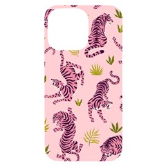 Pink Tigers And Tropical Leaves Patern Iphone 14 Pro Max Black Uv Print Case by Sarkoni