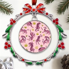 Pink Tigers And Tropical Leaves Patern Metal X mas Wreath Ribbon Ornament by Sarkoni