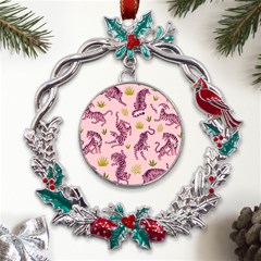 Pink Tigers And Tropical Leaves Patern Metal X mas Wreath Holly Leaf Ornament by Sarkoni