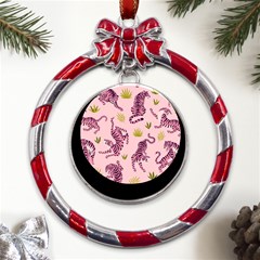 Pink Tigers And Tropical Leaves Patern Metal Red Ribbon Round Ornament by Sarkoni