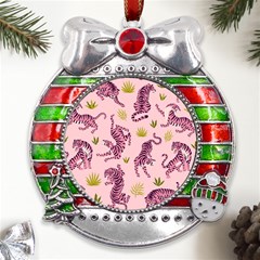 Pink Tigers And Tropical Leaves Patern Metal X mas Ribbon With Red Crystal Round Ornament by Sarkoni