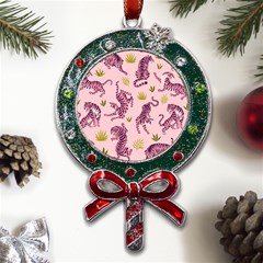 Pink Tigers And Tropical Leaves Patern Metal X mas Lollipop With Crystal Ornament by Sarkoni