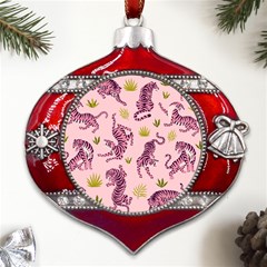 Pink Tigers And Tropical Leaves Patern Metal Snowflake And Bell Red Ornament by Sarkoni