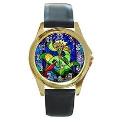 Beauty And The Beast Stained Glass Rose Round Gold Metal Watch by Sarkoni