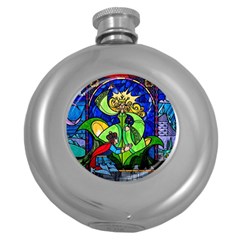 Beauty And The Beast Stained Glass Rose Round Hip Flask (5 Oz) by Sarkoni