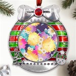 Watercolors Flowers Metal X Mas Ribbon With Red Crystal Round Ornament Front