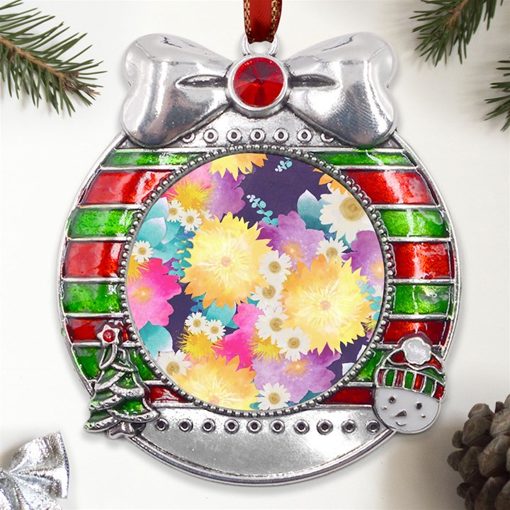 Watercolors Flowers Metal X Mas Ribbon With Red Crystal Round Ornament