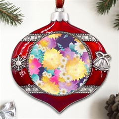 Watercolors Flowers Metal Snowflake And Bell Red Ornament by LalyLauraFLM