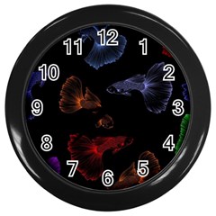 Vector Aquarium Guppies Seamless Fish Pattern With Black Background Wall Clock (black) by Grandong