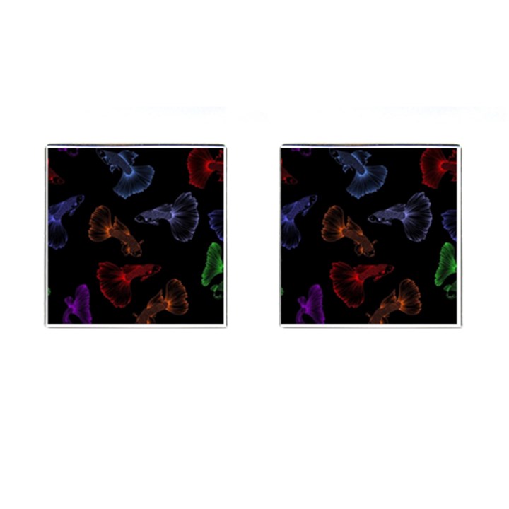 Vector Aquarium Guppies Seamless Fish Pattern With Black Background Cufflinks (Square)