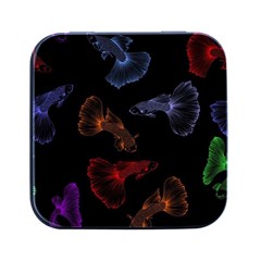 Vector Aquarium Guppies Seamless Fish Pattern With Black Background Square Metal Box (black) by Grandong